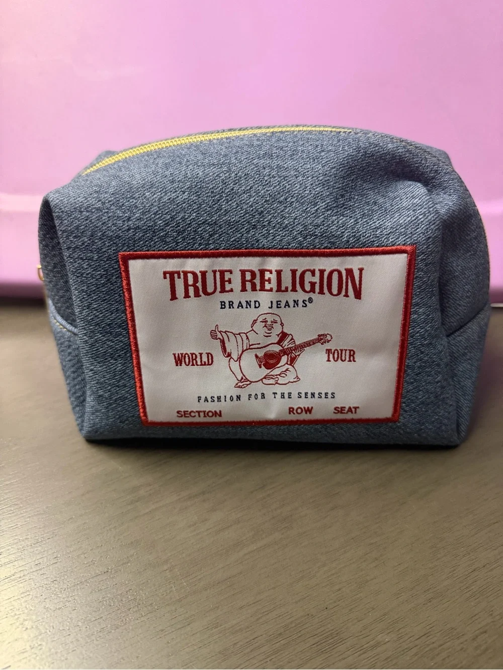 True Religion Blue Denim Logo Pouch with Yellow Zipper